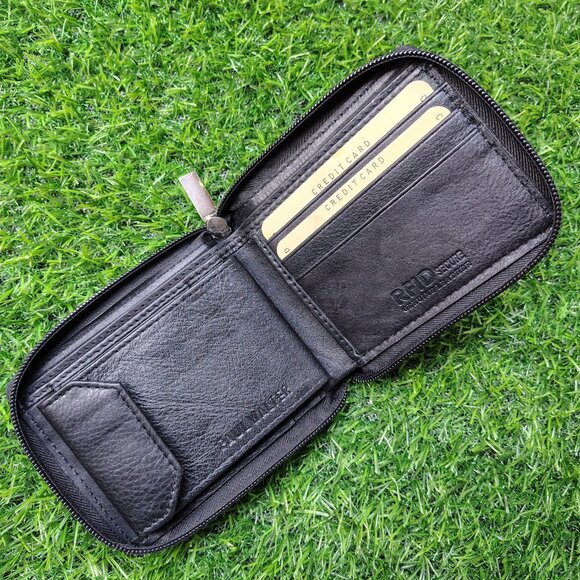 Men's Zipper RFID Blocking Premium Leather Zip-Around ID Bifold Wallet - Picture 4 of 8